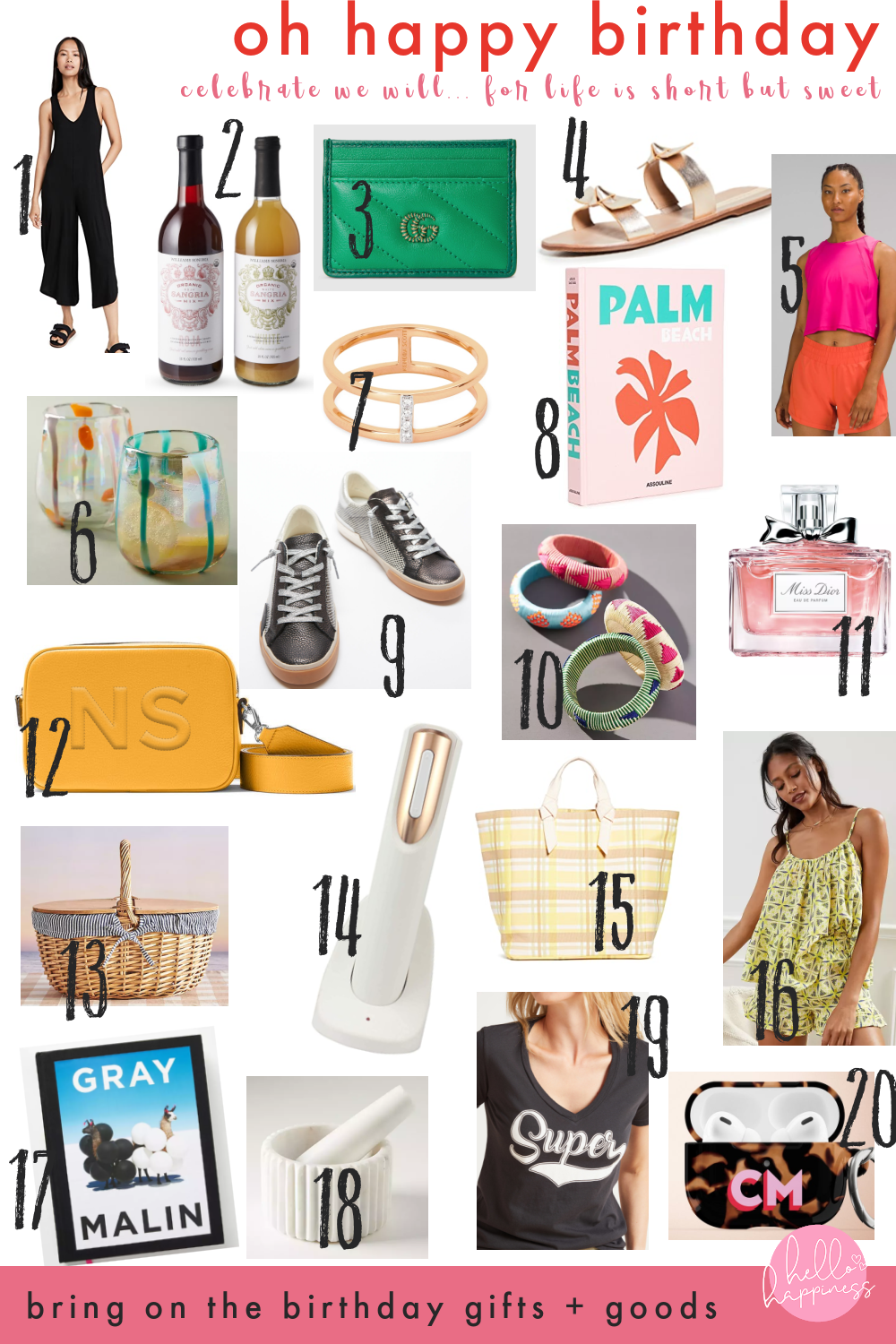 Birthday Wishlist by popular Nashville life and style blog, Hello Happiness: collage image of a starlette jumpsuit, summer sangria set, green + emerald Marmont card case, double bow gold sandal, pink crop sculpt tank, isadora glass set, Waylon rose gold band, palm beach coffee table book, zina metallic sneaker, woven patterned bangle bracelet, miss dior perfume, double zip camera bag in yellow, countryside picnic basket, electric wine opener, mad about plaid tote, beauty ruffled short set, gray Malin book, marble mortar and pestle set, super v-neck tee, and monogram AirPod pro case. 
