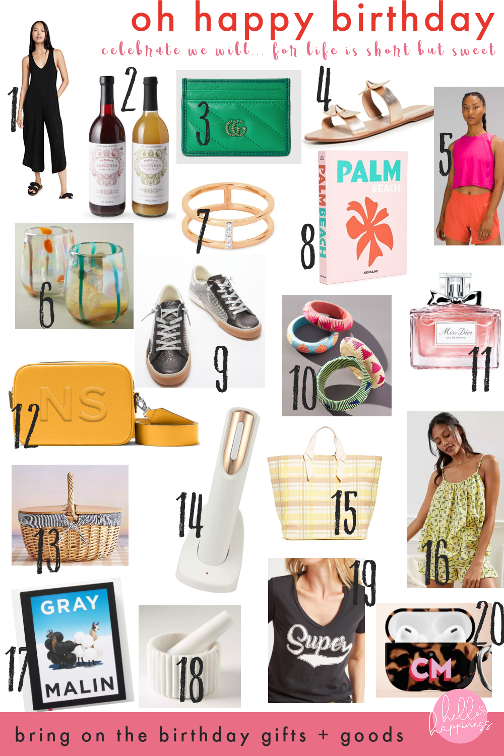Birthday Wishlist by popular Nashville life and style blog, Hello Happiness: collage image of a starlette jumpsuit, summer sangria set, green + emerald Marmont card case, double bow gold sandal, pink crop sculpt tank, isadora glass set, Waylon rose gold band, palm beach coffee table book, zina metallic sneaker, woven patterned bangle bracelet, miss dior perfume, double zip camera bag in yellow, countryside picnic basket, electric wine opener, mad about plaid tote, beauty ruffled short set, gray Malin book, marble mortar and pestle set, super v-neck tee, and monogram AirPod pro case.