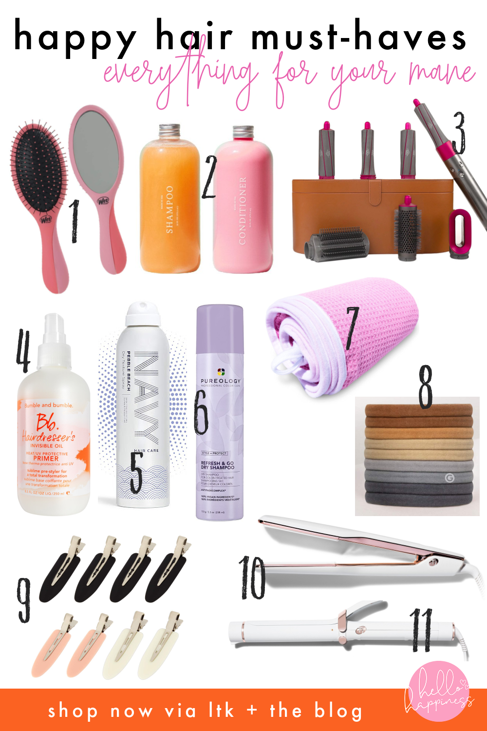Hair Care Routine by popular Nashville beauty blog, Hello Happiness: collage image of hair brushes, hair clips, hair products, T3 hair straightener, and Dyson hair dryer. 