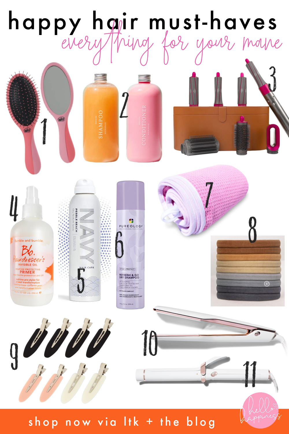 Hair Care Routine by popular Nashville beauty blog, Hello Happiness: collage image of hair brushes, hair clips, hair products, T3 hair straightener, and Dyson hair dryer.