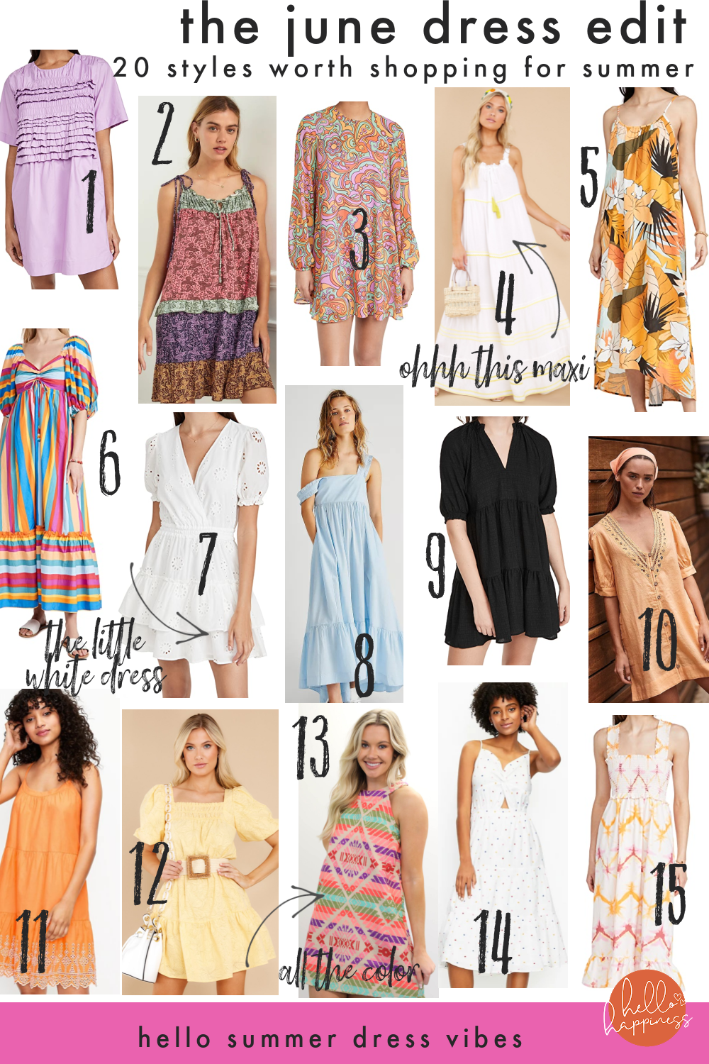 Summer Dress by popular Nashville fashion blog, Hello Happiness: collage image of a ruffle tee dress, tiered mini dress, groovy mini dress, white and yellow tiered maxi dress, Serena tie back dress, striped scarf maxi, Reese smocked white eyelet dress, Isabella maxi dress, ice tea dress, Mari mini dress, eyelet tiered swing dress, soft smiles hello print dress, aztec high neck dress, dotted twist midi and rum dress. 