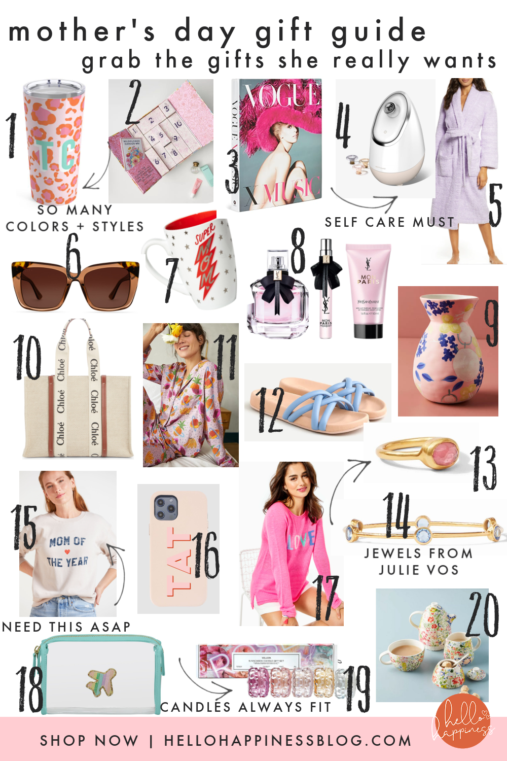 Mother's Day Gift Guide by popular Nashville life and style blog, Hello Happiness: collage image of sunglasses, monogram tumbler, super mom mug, pink floral vase, blue strap slide sandals, pink stone ring, blue stone bracelet, Chloe tote bag, citrus print pajamas, YSL perfume, purple robe, Mom of the Year shirt, phone cover, candle votive set, tea set, iconic facial steamer, and cotton candy travel pouch. 