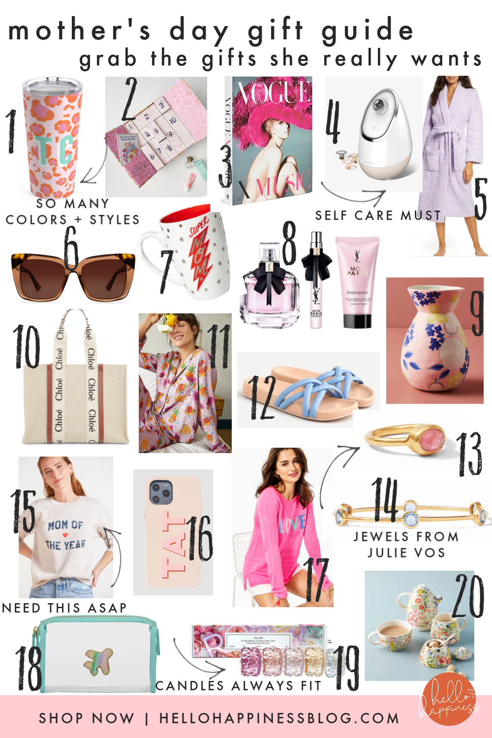 Mother's Day Gift Guide by popular Nashville life and style blog, Hello Happiness: collage image of sunglasses, monogram tumbler, super mom mug, pink floral vase, blue strap slide sandals, pink stone ring, blue stone bracelet, Chloe tote bag, citrus print pajamas, YSL perfume, purple robe, Mom of the Year shirt, phone cover, candle votive set, tea set, iconic facial steamer, and cotton candy travel pouch.