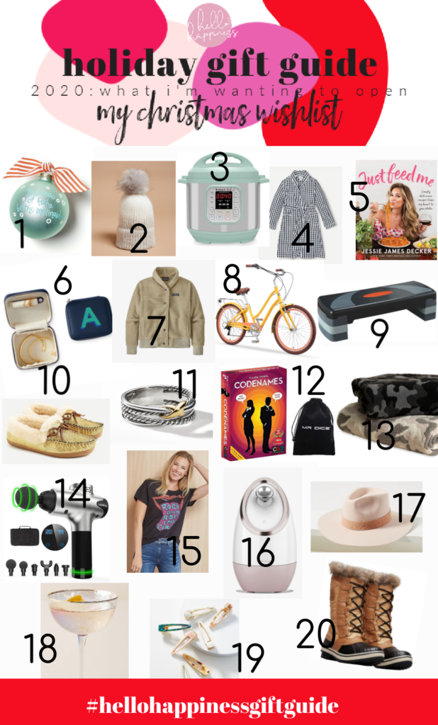 Holiday Gift Ideas by popular Nashville life and style blog, Hello Happiness: collage image of gold moccasin slippers, white fur pom beanie hat, insta pot, Codenames, Sorel Boots, neck massager, hair clips, vintage graphic t-shirt, felt fedora hat, yellow bicycle, Just Feed Me cookbook, gingham dress, adjustable workout stepper, x crossover ring, be a mermaid ornament, lustered coup glasses, Patagonia retro snap front fleece jacket, facial steamer, Mr. Dice game, and petite travel jewelry case. 