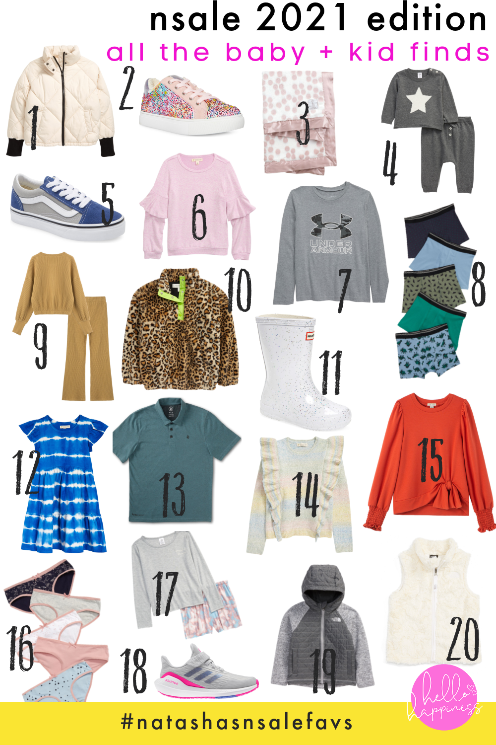 Nordstrom Anniversary Sale by popular Nashville fashion blog, Hello Happiness: collage image of hunter rain boot, tie dye dress, sweater loungewear set, leopard print fleece jacket, boxer set, fleece blanket, vans sneakers, quilted jacket, under armor shirt, ruffle sweater, polo shirt, glitter sneakers, faux fur vest, Adidas sneakers, underwear set, north face jacket, and pajama set. 