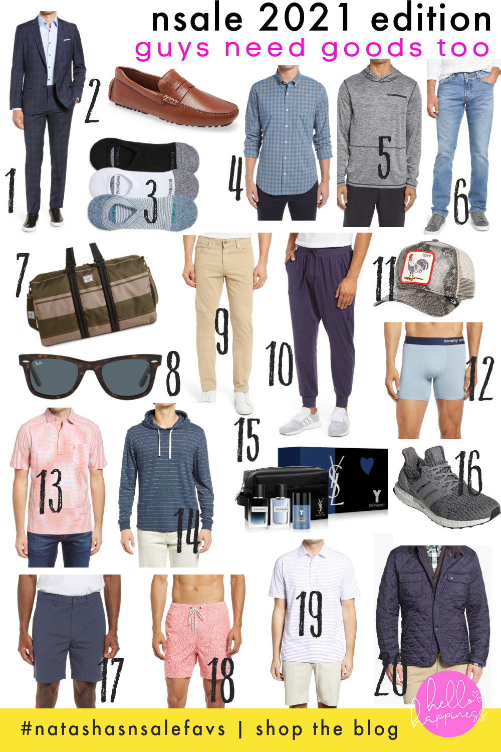 Nordstrom Anniversary Sale by popular Nashville fashion blog, Hello Happiness: collage image of blue plaid suite, brown loafers, no show socks, plaid button up shirt, jeans, green and tan stripe weekender bag, tortoise shell sunglasses, tan pants, blue jogger pants, trucker hat, pink polo shirt, boxer briefs, blue stripe hoodie, YSL cologne set, Adidas sneakers, blue board shorts, pink tie waist board shorts, white polo shirt, and blue quilted jacket. 