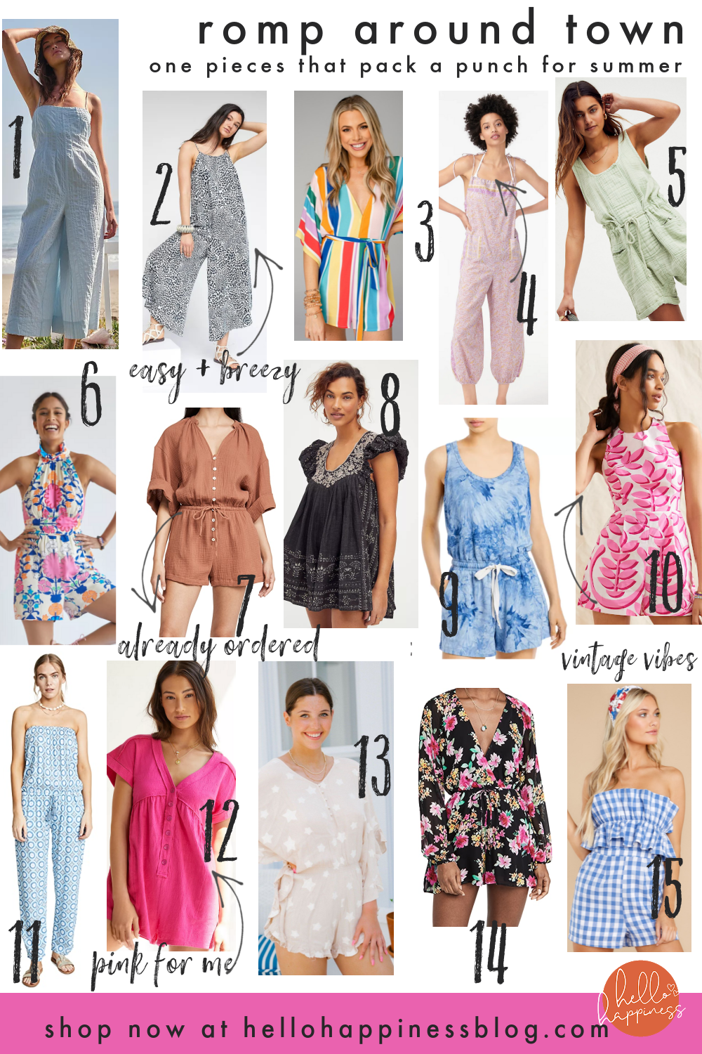 Rompers and Jumpers by popular Nashville fashion blog, Hello Happiness: collage image of a Devon white jumpsuit, breezy wide leg jumpsuit, fiesta romper, cotton voile jumpsuit, laguna shortall, ruffled floral rompers, zephyr gauze romper, cutie pie romper, aqua tie dye romper, pleated cut-out romper, Jenny jumpsuit, Daily practice lounge romper, star gazer romper, Naomi romper, and gingham romper.