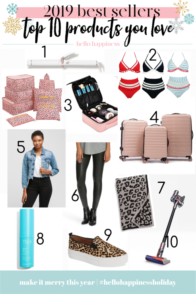 Top 10 of 2019 favorites + best sellers by popular life and style blog, Hello Happiness: collage image of Dyson vacuum, denim jacket, bikinis, T3 curling iron, leopard print shoes, leopard print blanket, matching suitcase set, travel makeup bag, packing cube set, and faux leather leggings.  