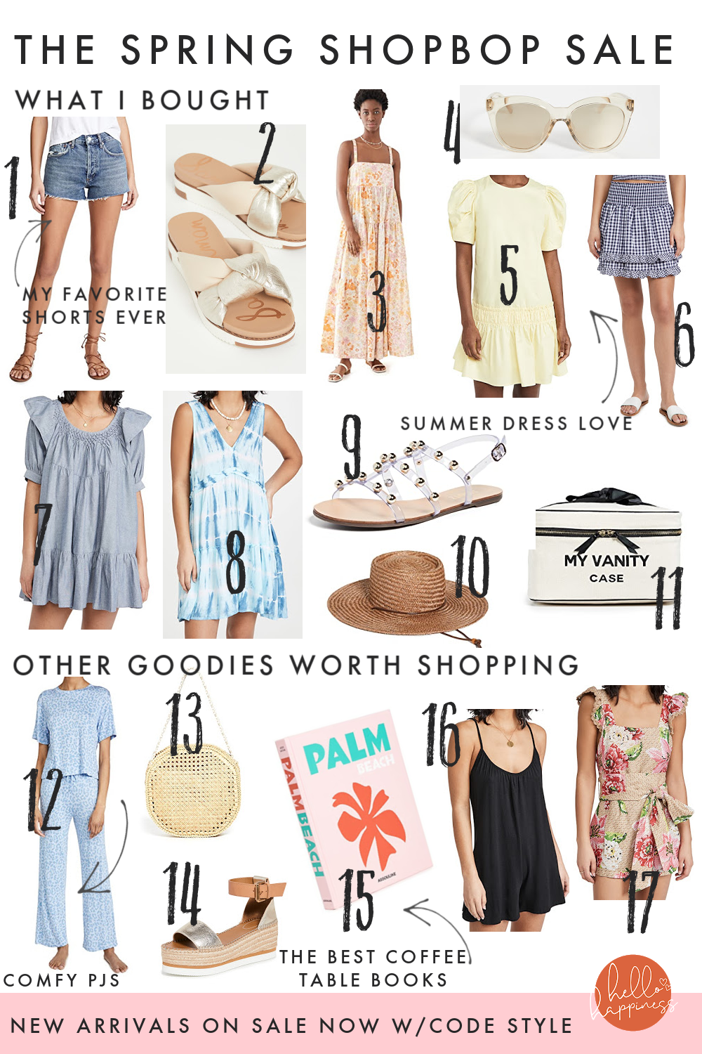 Shopbop Spring Sale by popular Nashville fashion blog, Hello Happiness: collage image of dresses, pj sets, coffee table book, romper, vanity case, straw hat, clear strap studded sandals, sunglasses, shorts, and a rattan purse. 