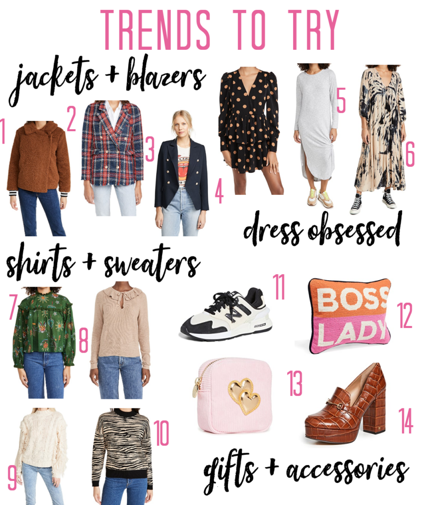 Shopbop Sale by popular Nashville fashion blog, Hello Happiness: collage image of jackets, blzers, shirts, sweaters, dresses, and sneakers.