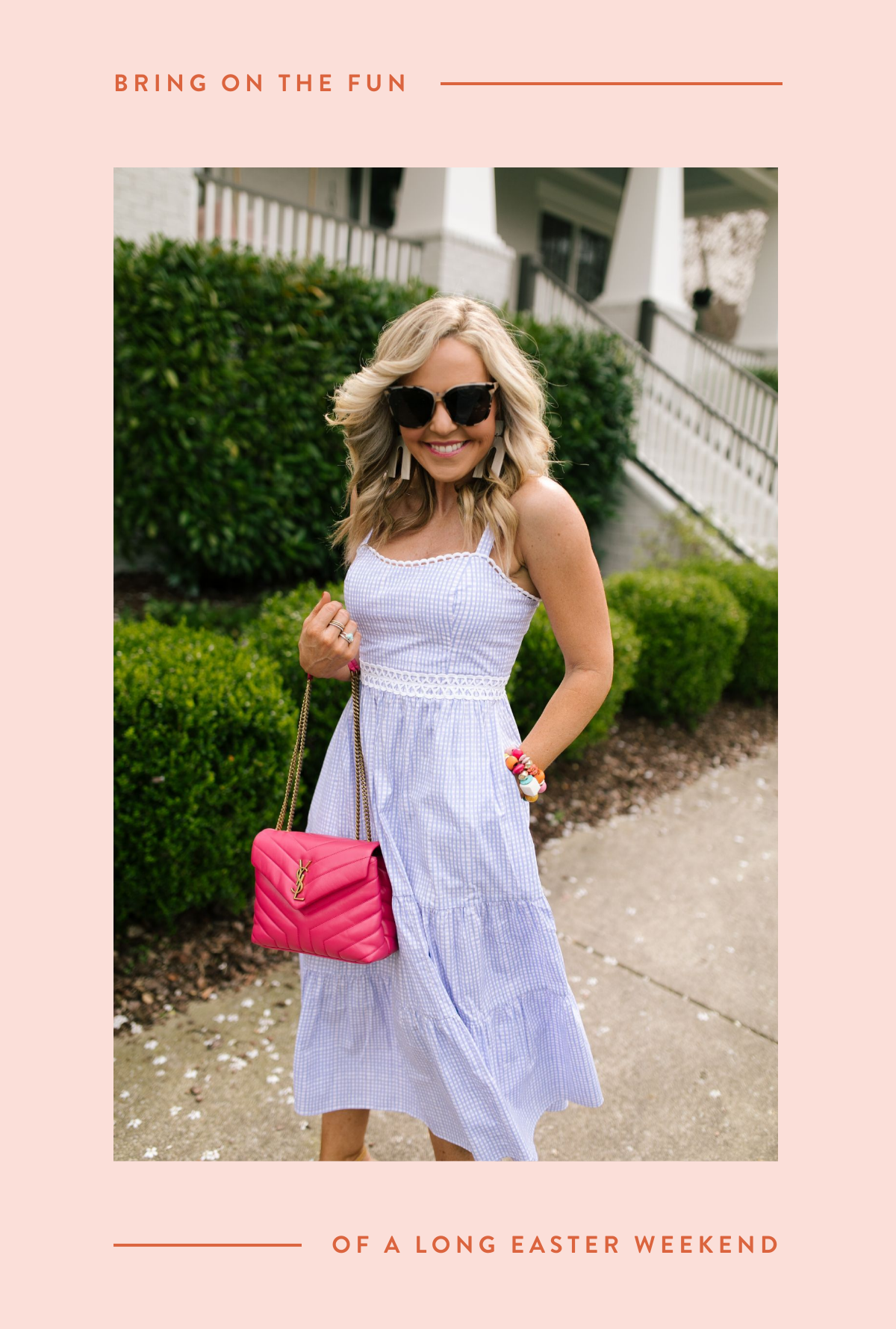 Social Media Resources by popular Nashville lifestyle blog, Hello Happiness: image of a woman wearing a light blue dress and holding a pink YSL purse.