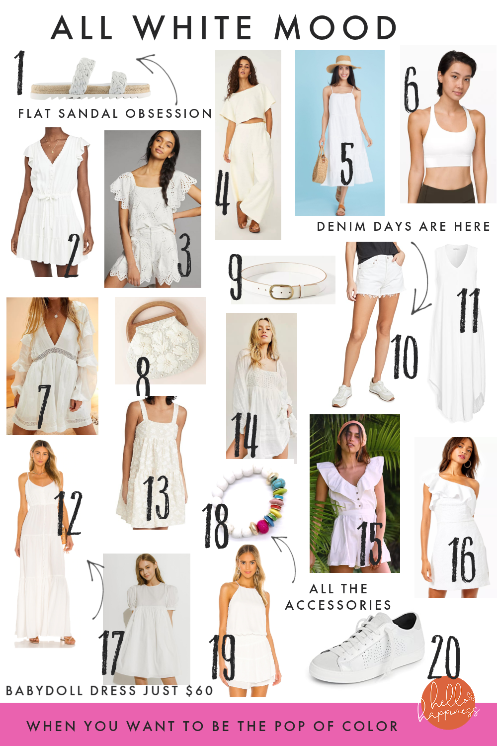 White Dresses by popular Nashville fashion blog, Hello Happiness: collage image of white dresses, white belt, white purse, white sandals, white jewelry, white sports bra, and white shorts. 