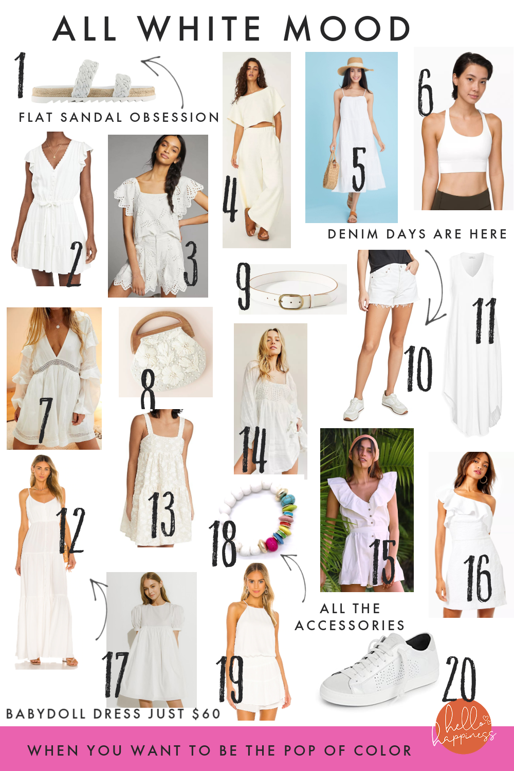 White Dresses by popular Nashville fashion blog, Hello Happiness: collage image of white dresses, white belt, white purse, white sandals, white jewelry, white sports bra, and white shorts.