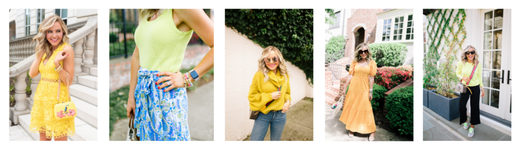 Pantone Color of the Year by popular Nashville life and style blog, Hello Happiness: collage image of a woman wearing a yellow dress, yellow tank top, yellow sweater, and yellow long sleeve shirt. 